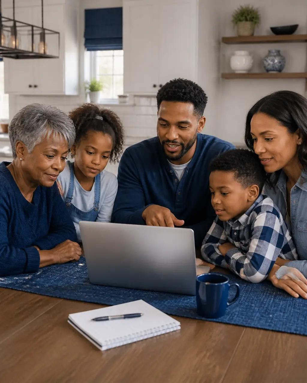 A multigenerational family comparing life insurance together at a kitchen table.