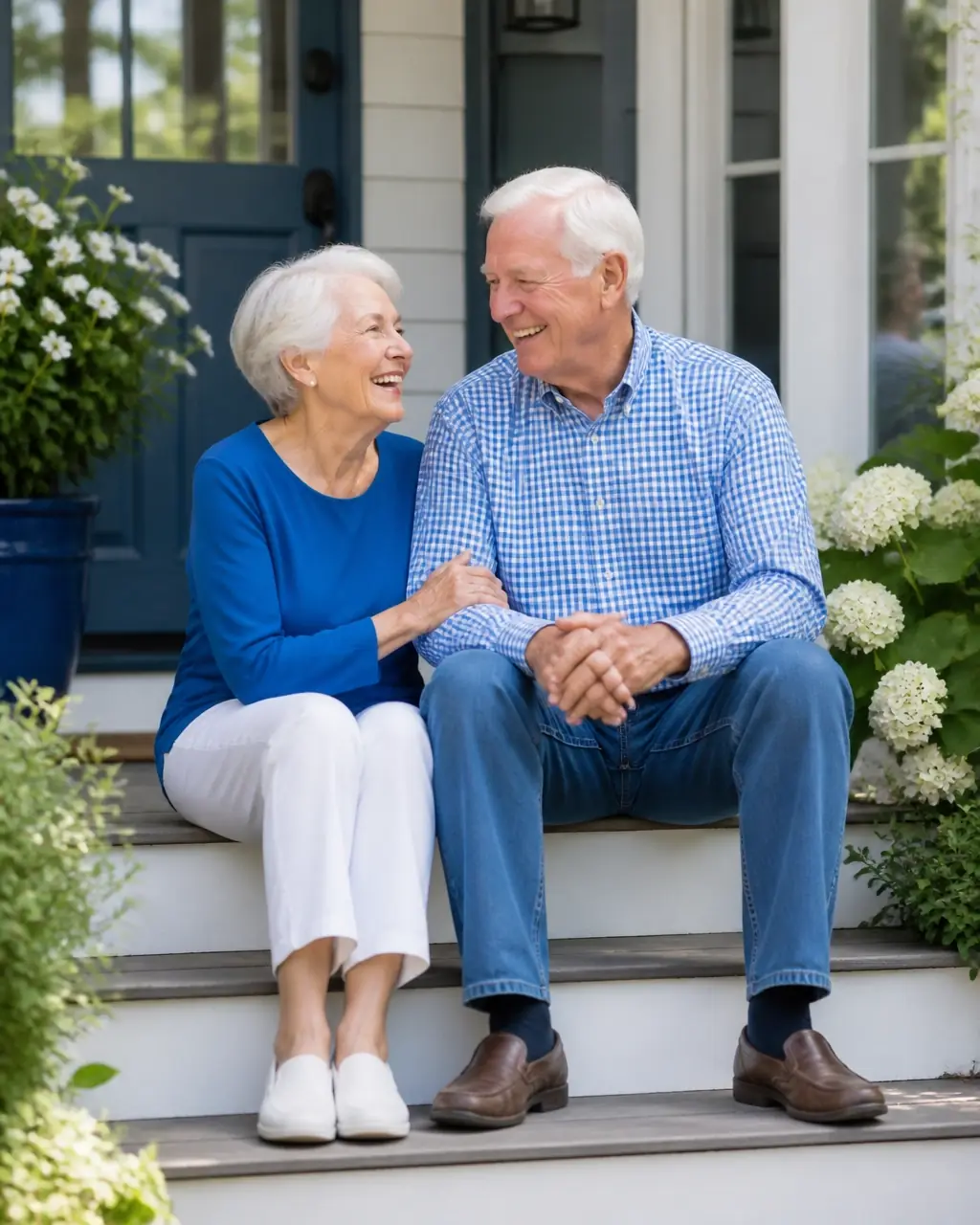 Older couple smiling together outside their home